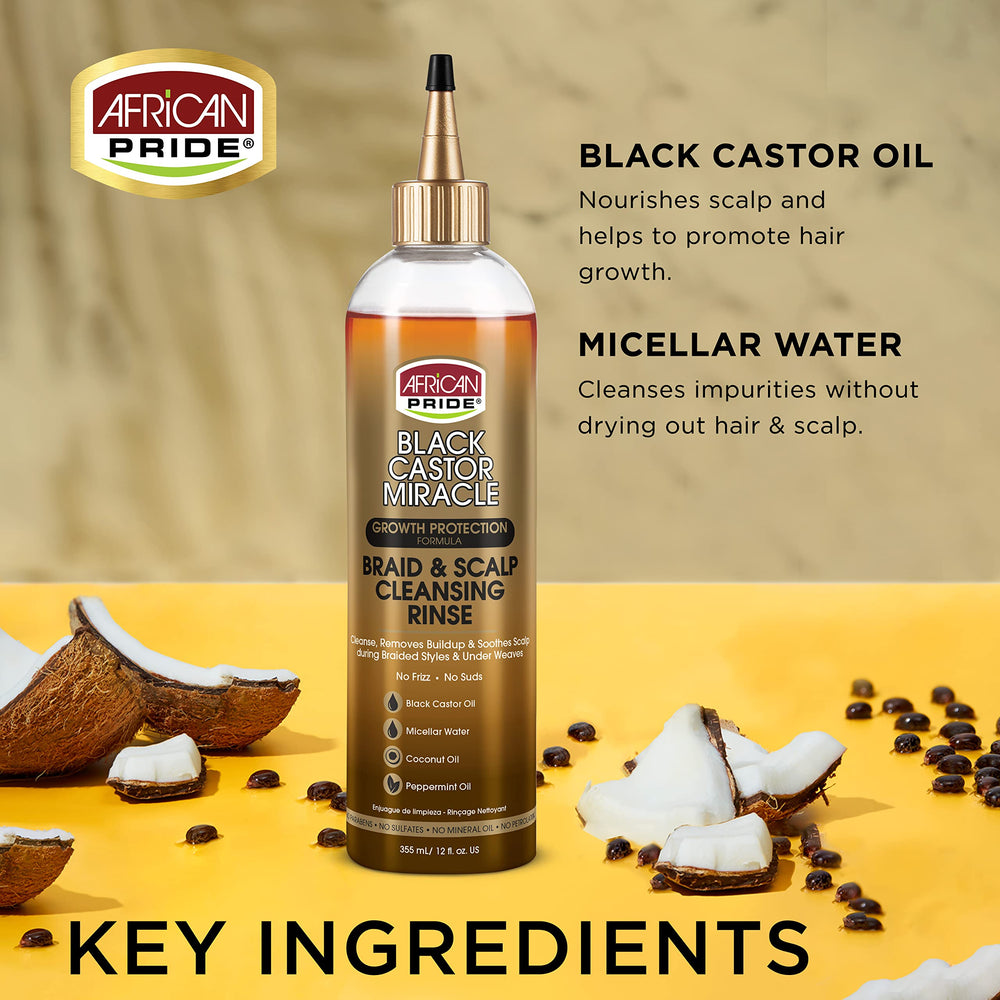 African Pride ingredients flatlay featuring castor, coconut and peppermint benefits