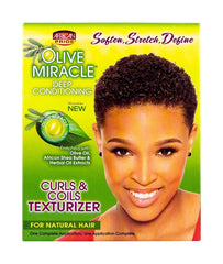 African Pride Olive Miracle front packaging showing label and bottle, clear styling identification and benefit