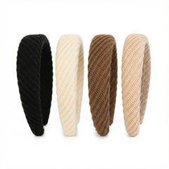 Agirlvct front view of the four neutral headbands showing neat packaging and versatility