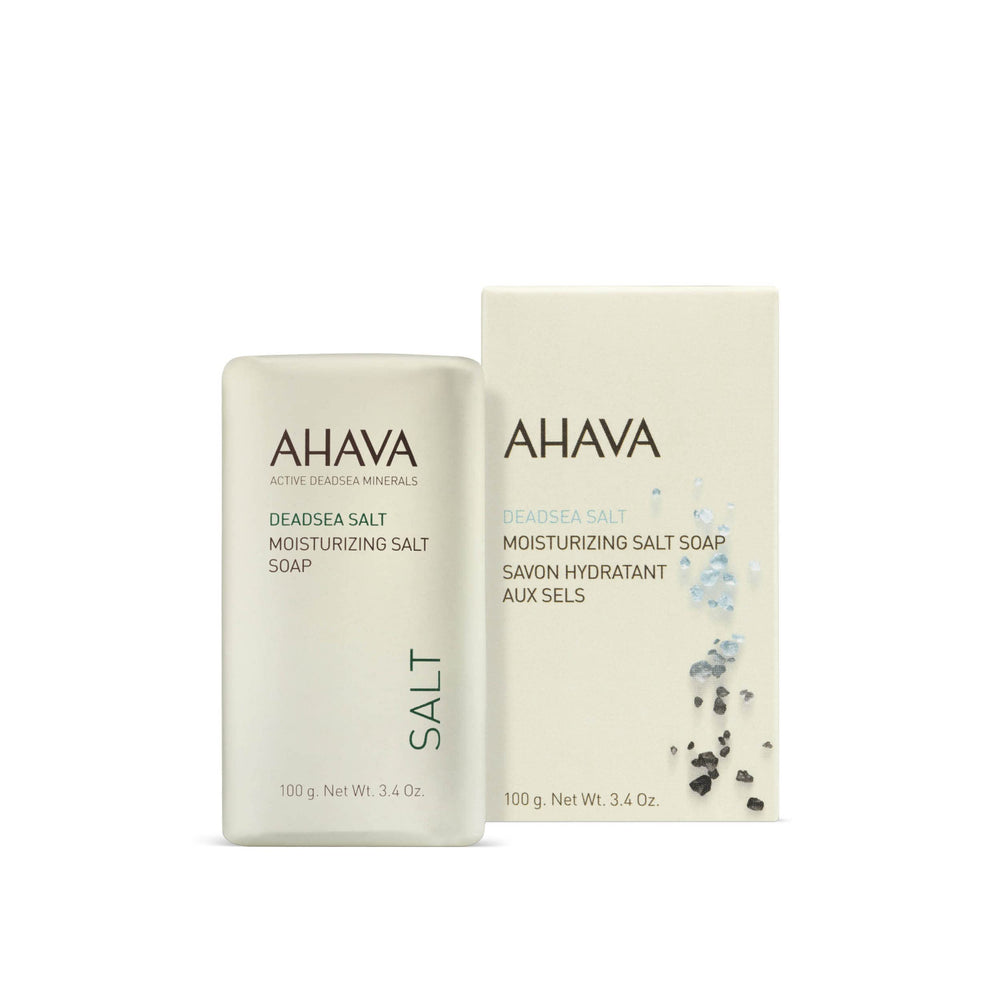 AHAVA close-up of soap texture with salt crystals, highlights mild exfoliation
