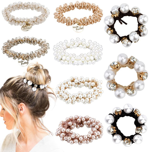 AHONEY front view of nine pearl hair ties showing packaging and variety, elegant presentation