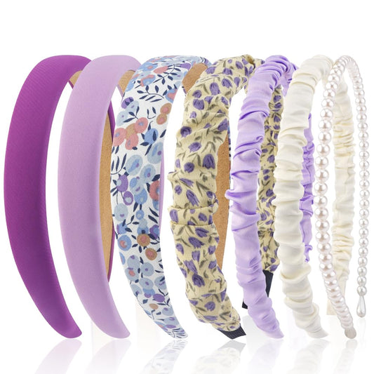 AHONEY front pack of seven purple headbands showing variety and coordinated colors