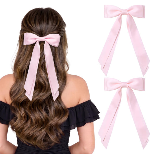 Aileam front view pink satin bows showing soft sheen and stylish look