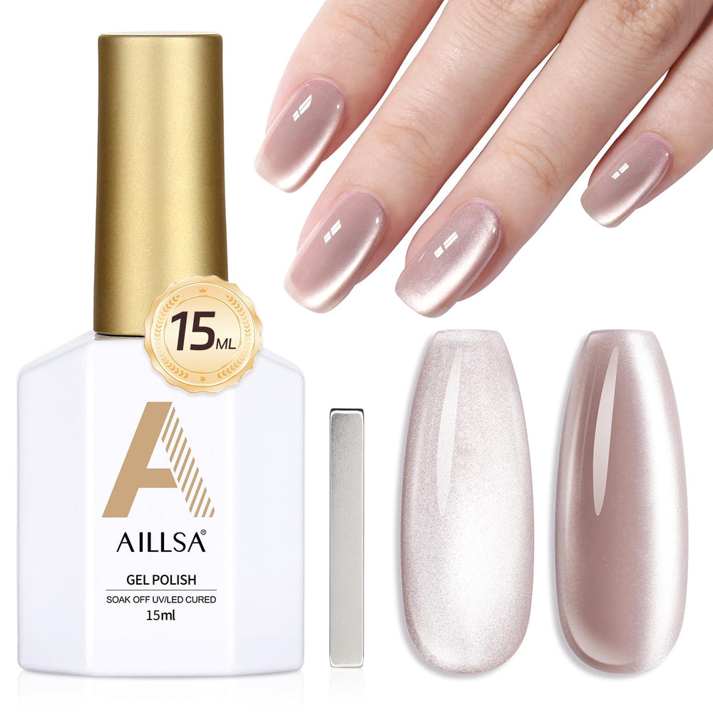 AILLSA bottle front view showing nude glitter and brand benefits