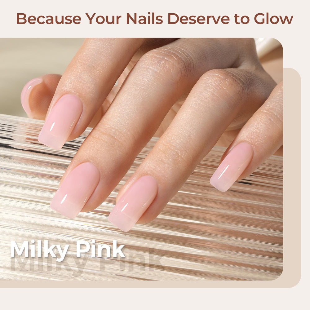 AILLSA close-up nail swatch on hand showing sheer nude pink, natural look