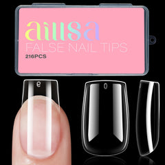 AILLSA front packaging showing 216 clear gel nail tips and box for organized storage and convenience