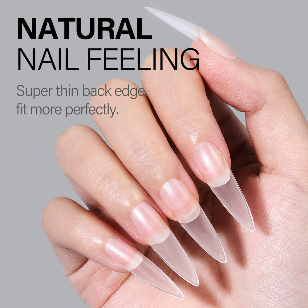 AILLSA side profile of a long stiletto tip highlighting sleek silhouette and durable shape
