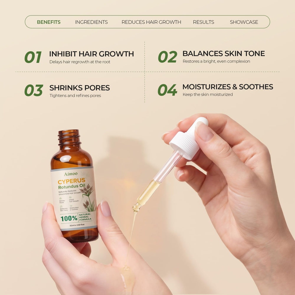 Aimoo label closeup highlighting cyperus rotundus ingredients for transparency