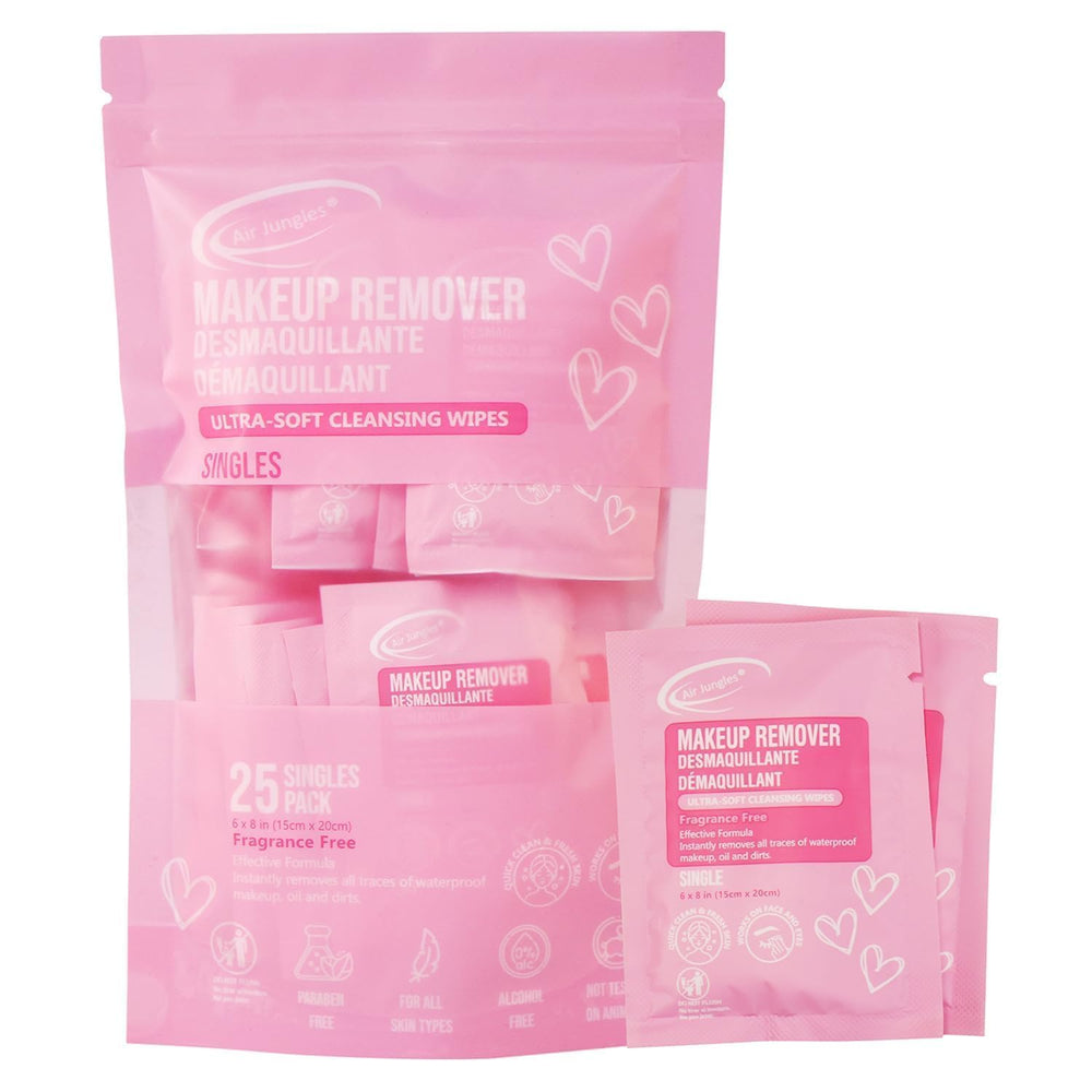 Air Jungles front packaging showing pink individually wrapped wipes for easy travel
