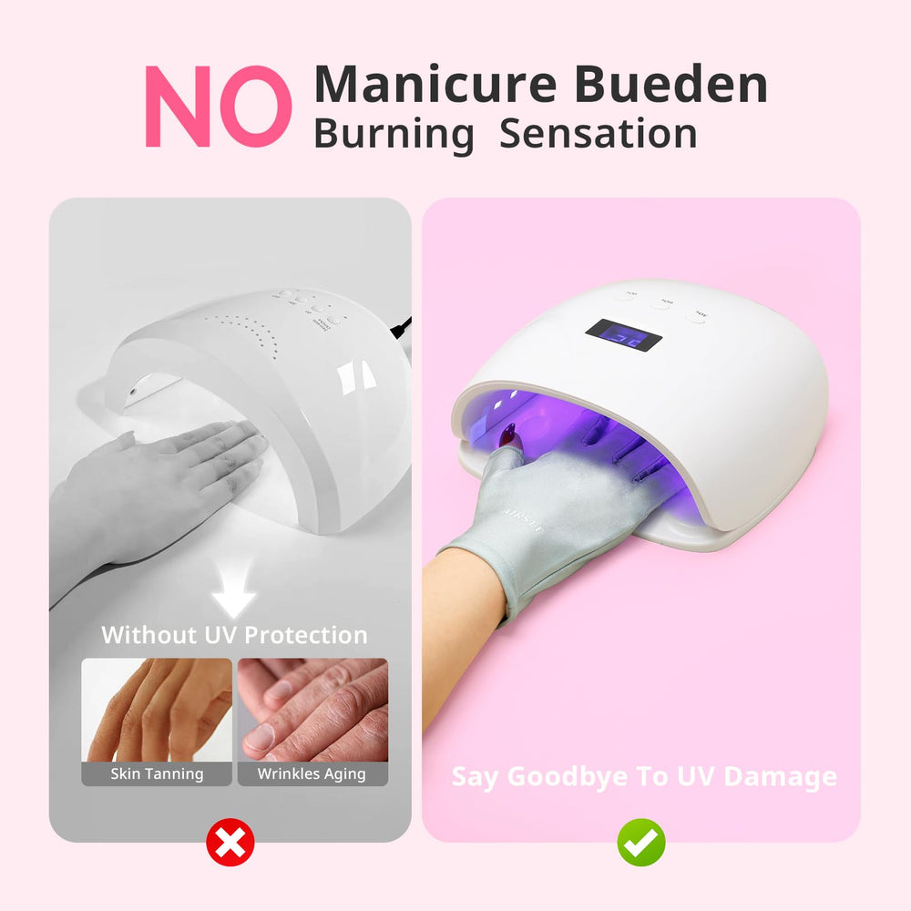 AIRSEE gloves worn during manicure protecting hands from lamp exposure