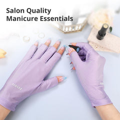 AIRSEE gloves in use under a nail lamp protecting skin during curing