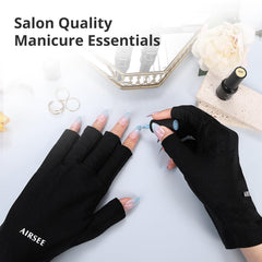 AIRSEE gloves worn while a hand is under a nail lamp showing UV shielding benefit