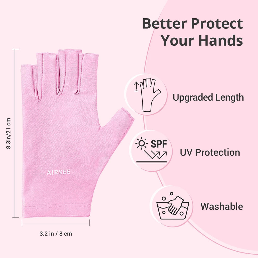 AIRSEE gloves label showing material composition and UPF50+ protection benefit
