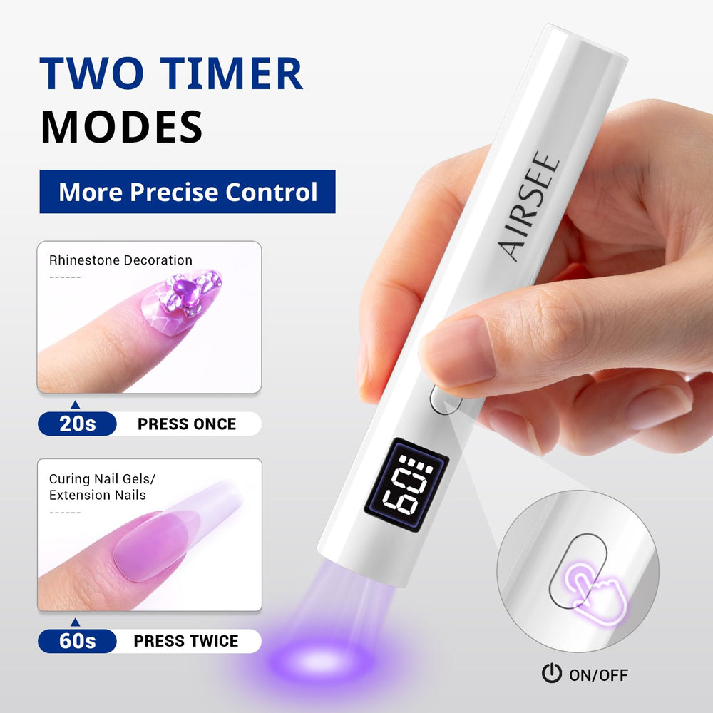 AIRSEE LCD display detail showing timer settings for precise curing