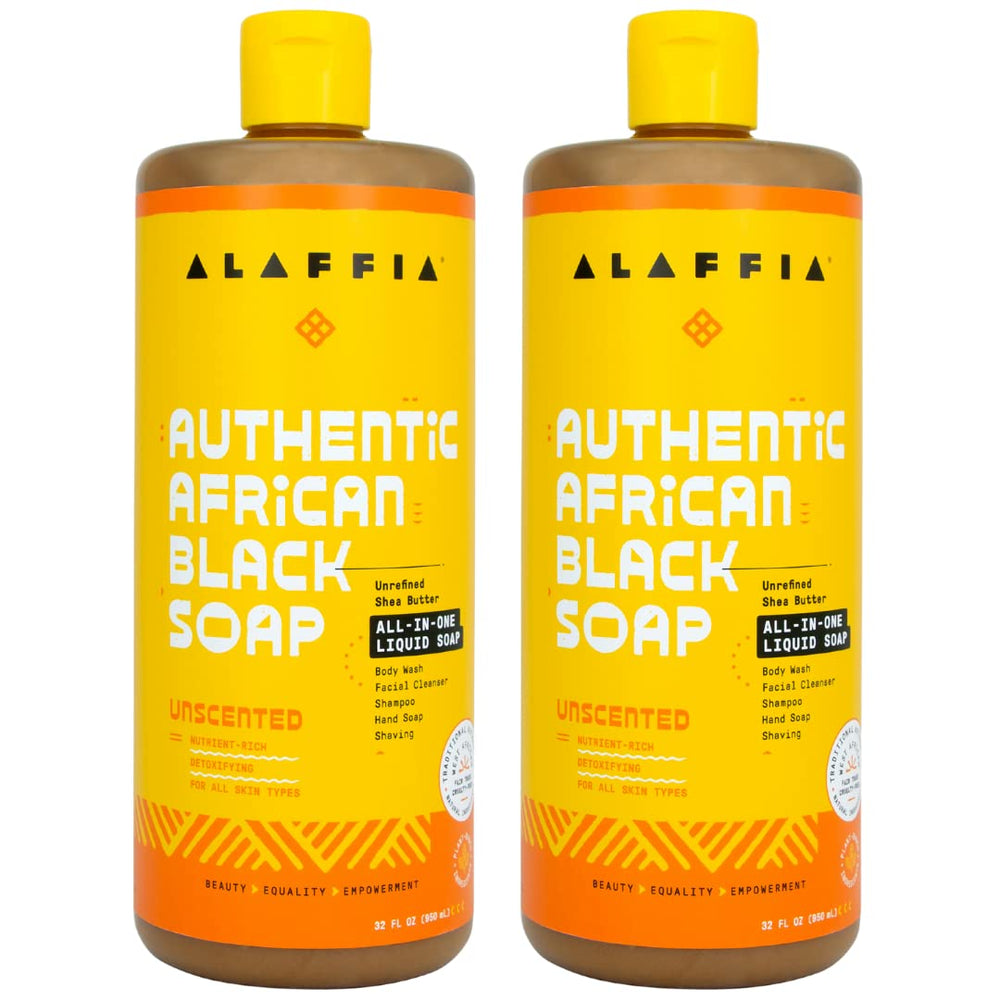 Alaffia front packaging showing two 32 oz bottles and product benefits
