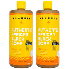 Alaffia front packaging showing two 32 oz bottles and product benefits