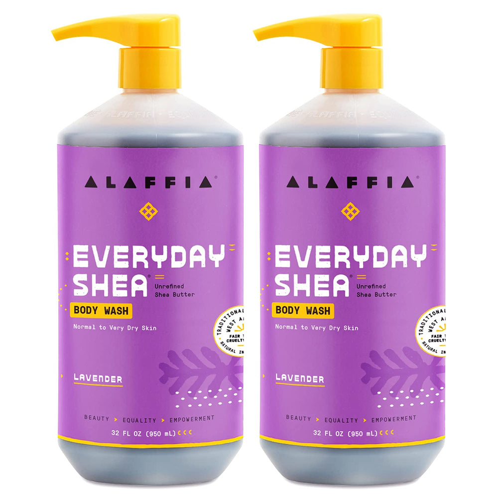 Alaffia front packaging showing two 32 oz bottles and product benefits