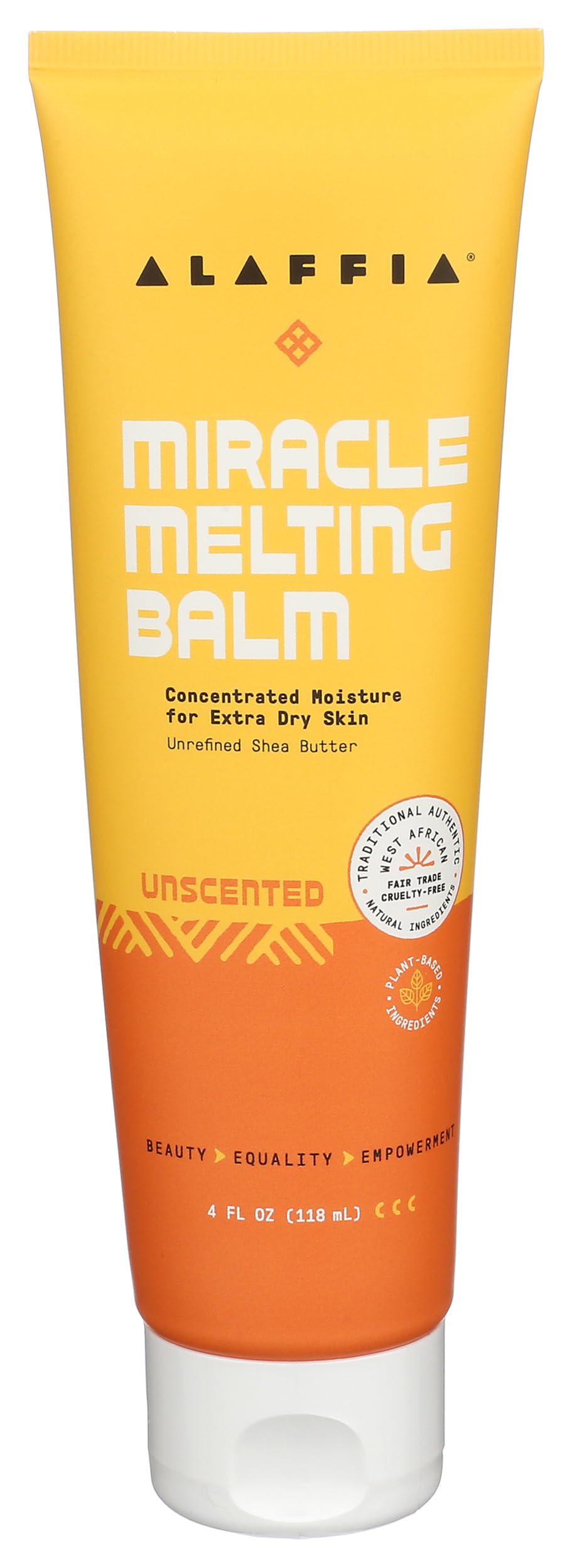 Alaffia front tin view showing compact unscented balm and travel-friendly packaging benefit