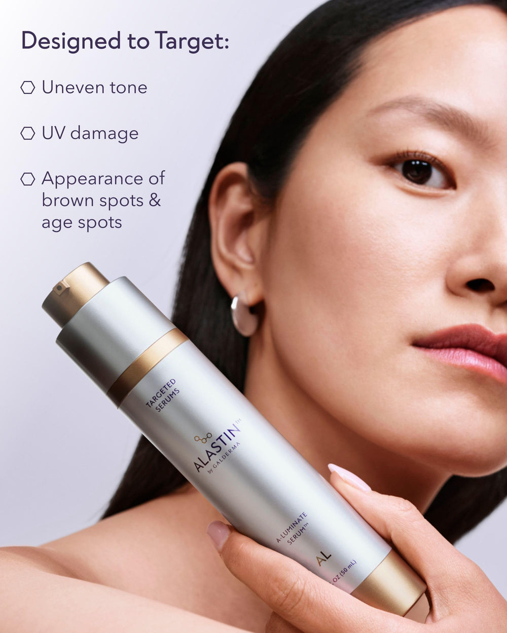 ALASTIN Skincare bottle in hand showing 1.7 oz size and travel-friendly scale