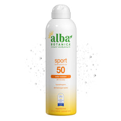 Alba Botanica front packaging showing SPF 50 and clear spray benefit