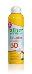 Alba Botanica bottle front view showing SPF 50 label and easy spray applicator