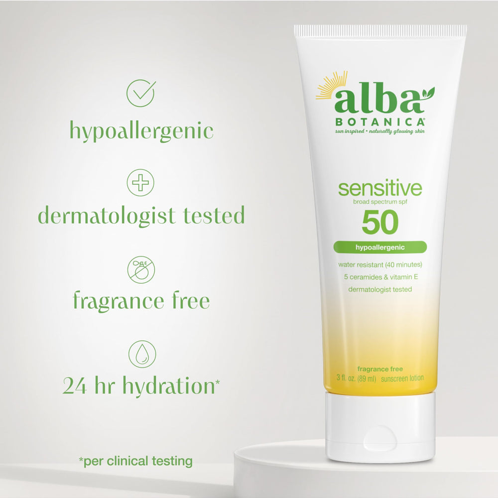 Alba Botanica tube in hand illustrating compact 3 oz size for on-the-go use