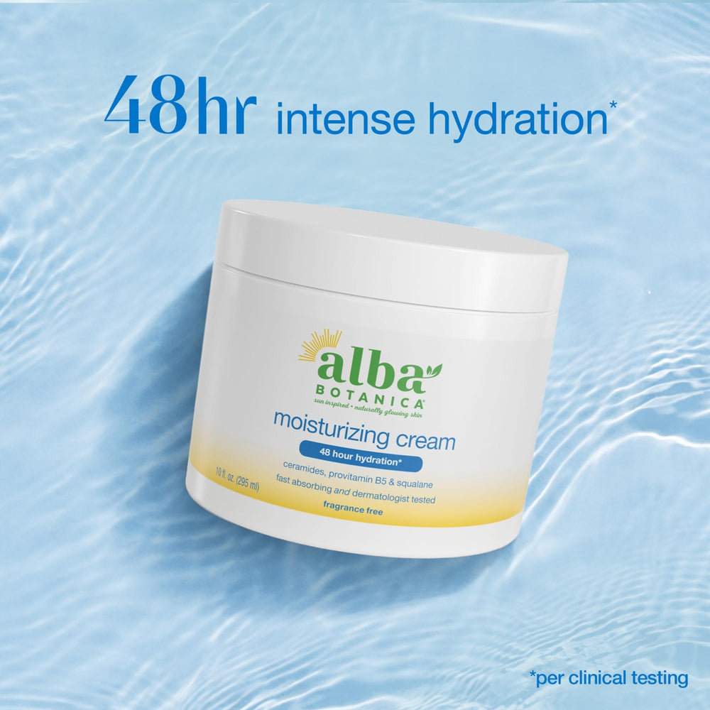 Alba Botanica open jar top view showing smooth moisturizing cream