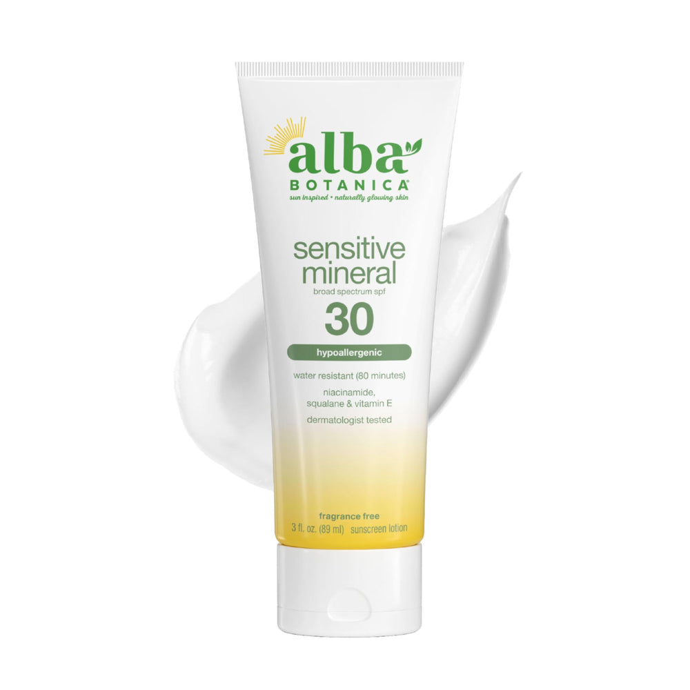 Alba Botanica front packaging showing SPF 30 protection and travel-friendly tube