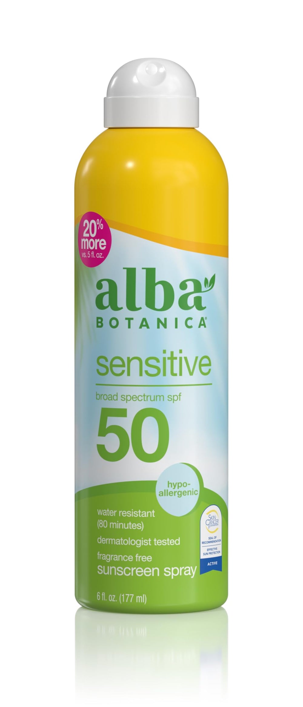 Alba Botanica front packaging showing SPF 50 and fragrance-free benefit