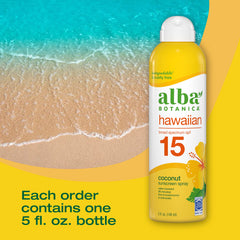 Alba Botanica sunscreen spray in use at the beach offering convenient reapplication during outings