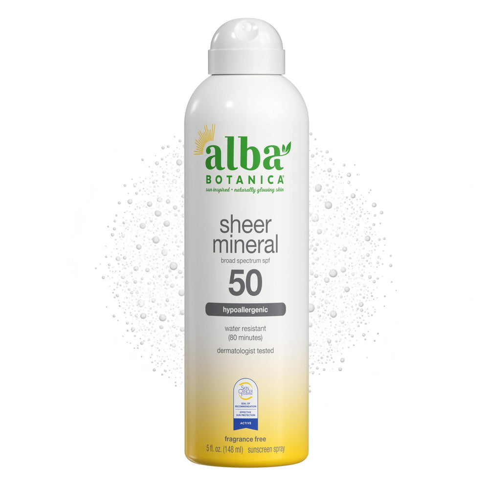 Alba Botanica front packaging showing SPF 50 and spray nozzle benefit: easy protection