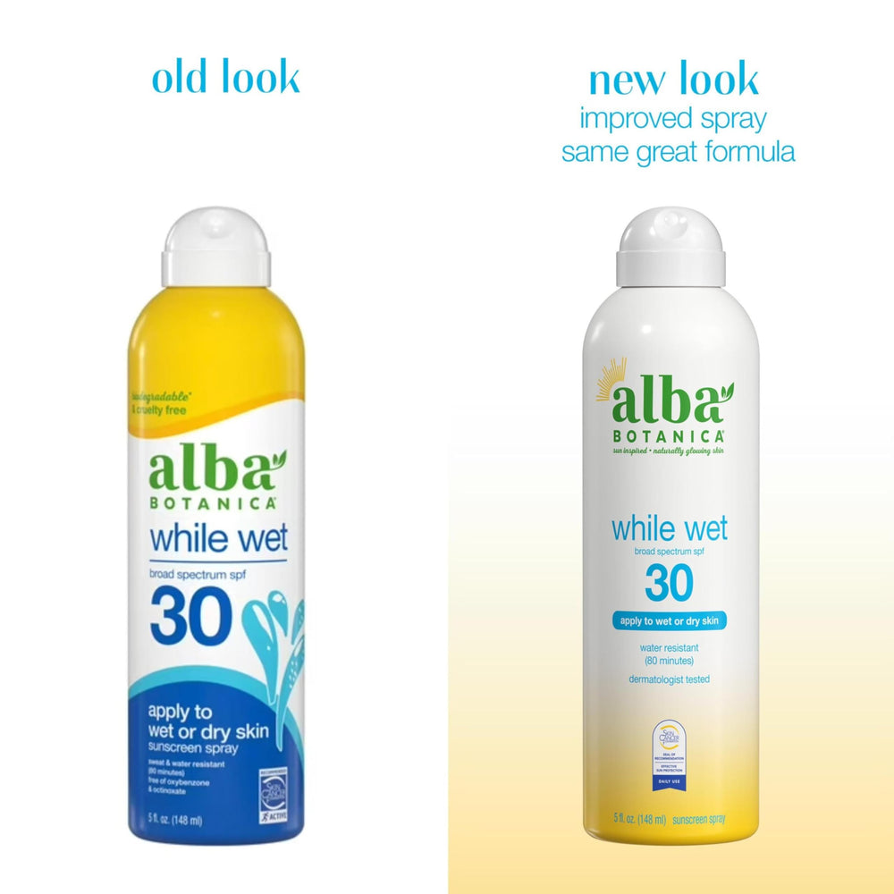 Alba Botanica spray mist applied to wet skin for quick water-friendly protection