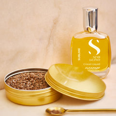 ALFAPARF MILANO flaxseed ingredient display emphasizing natural shine benefit