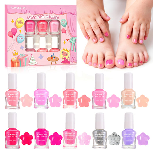ALIKOSSTOR front packaging showing ten pink shades and kid-friendly branding benefits safe play