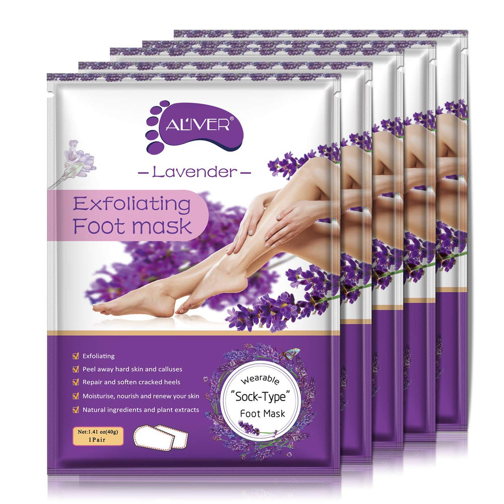 ALIVER front packaging showing five lavender foot mask sachets and benefits
