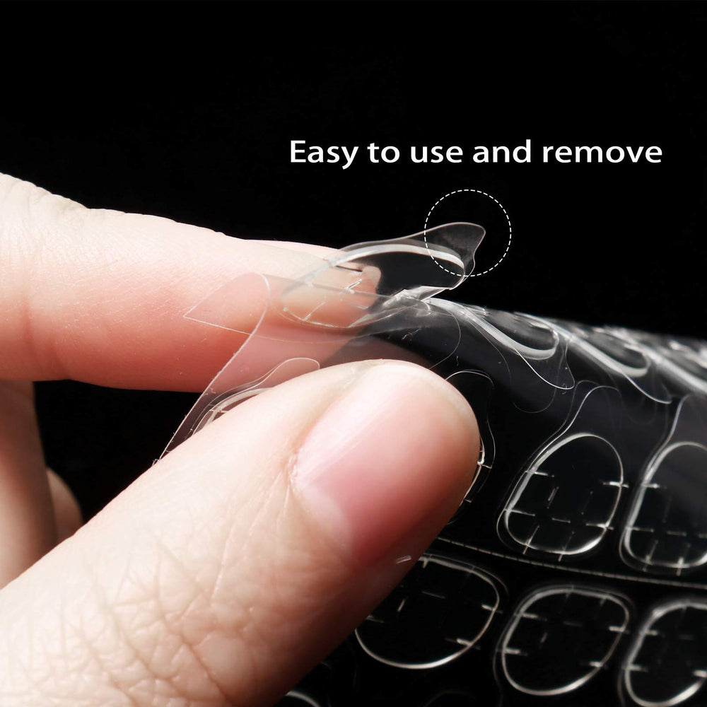 Allstarry hands applying a press-on using a tab demonstrating quick application