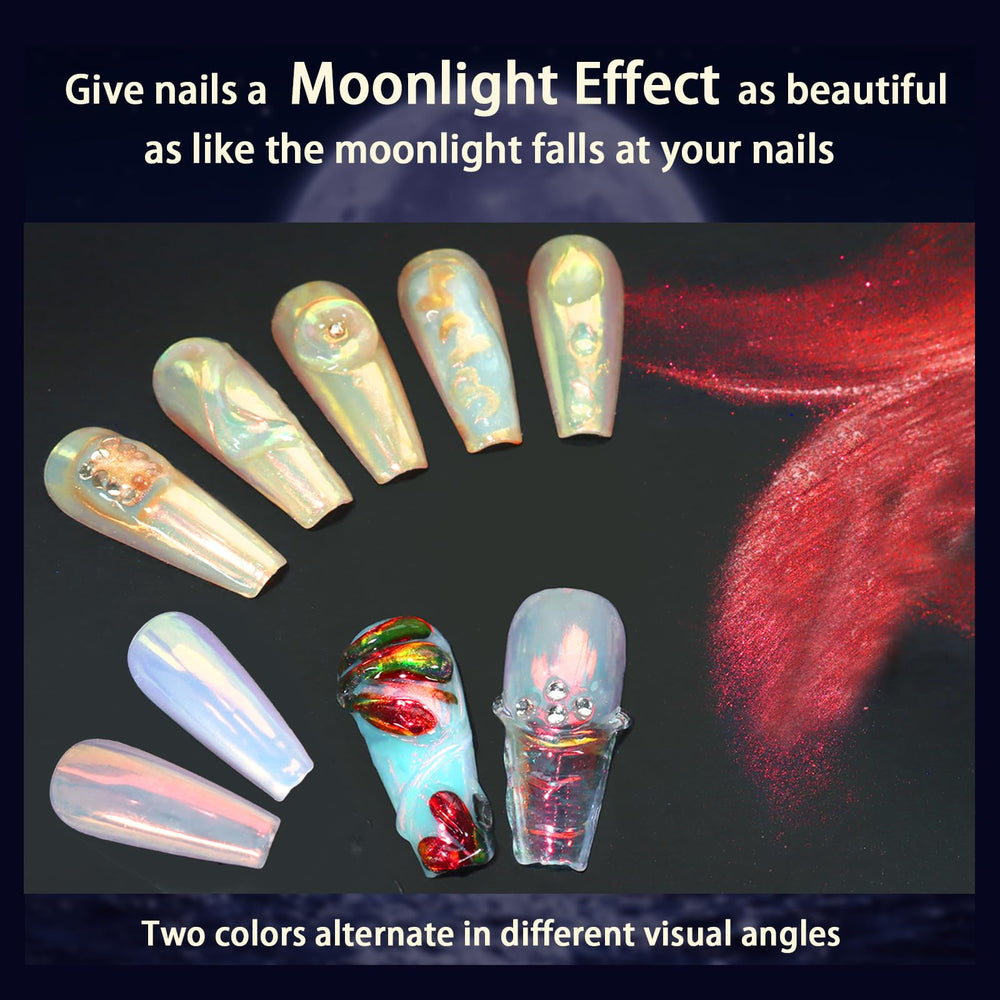 Allstarry applied on gel nails demonstrating vibrant mermaid chrome effect