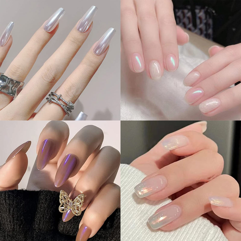 Allstarry finished manicure closeup showing high-reflective mirror effect and color shift