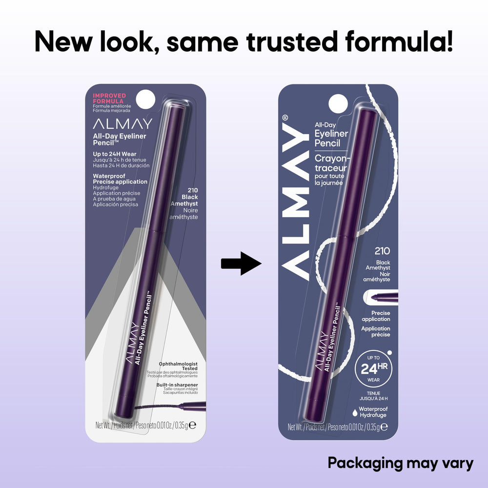 Almay pencil next to hand for scale showing compact, travel-friendly size