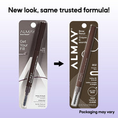 Almay brow pencil held in hand demonstrating portable travel size