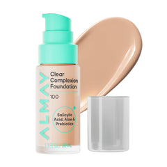 Almay front packaging showing Clear Complexion foundation, convenient and acne-safe