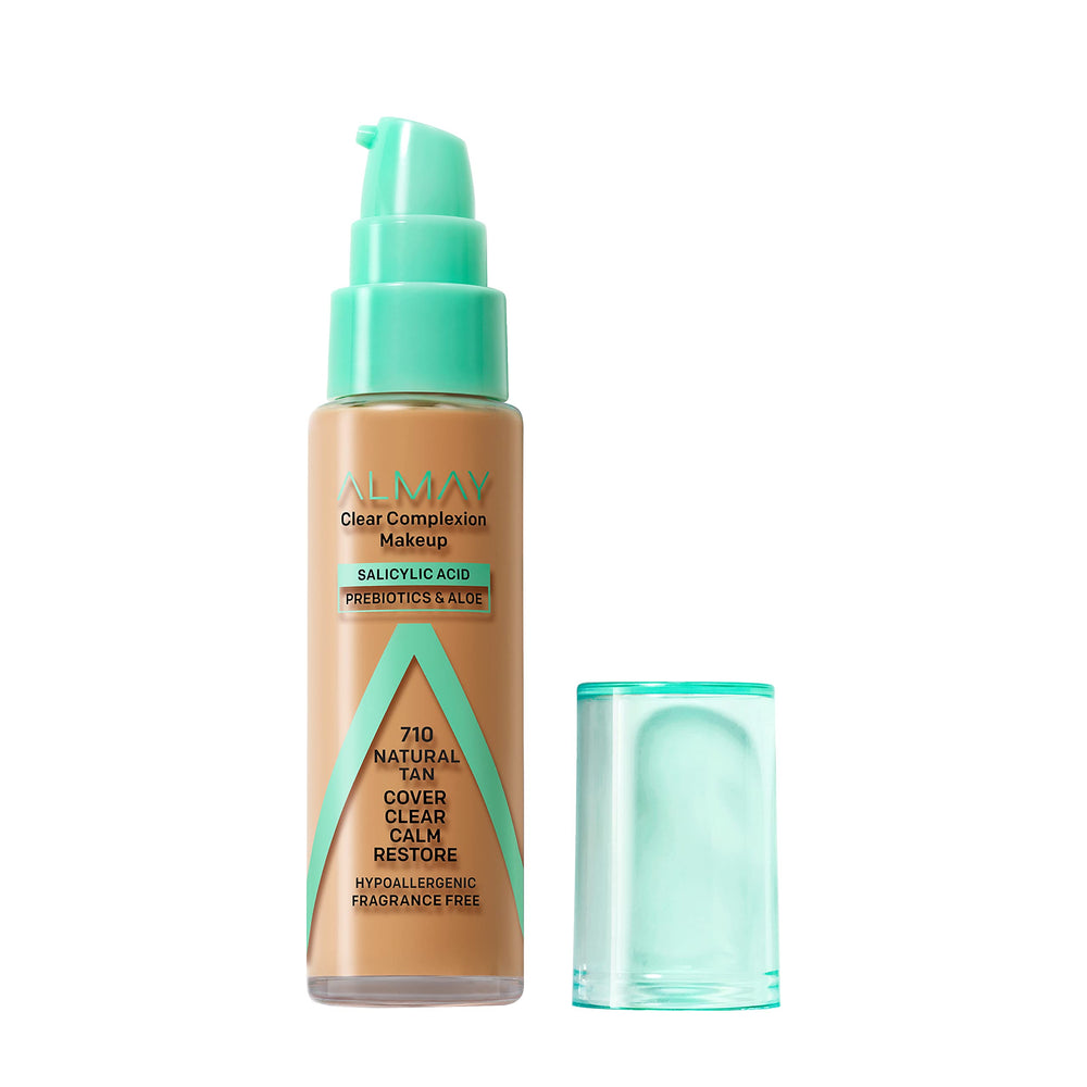 Almay front bottle in 710 Natural Tan showing label and applicator, clear coverage benefit