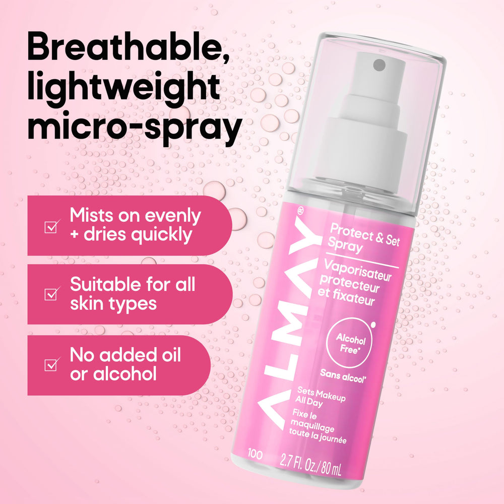 Almay label close-up stating vegan and alcohol-free finishing spray