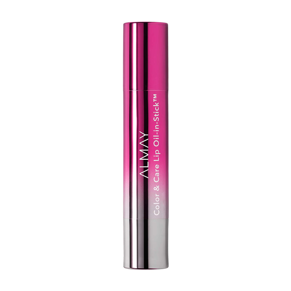 Almay lip oil front view showing stick and branding, easy application benefit
