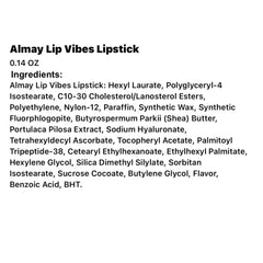 Almay Lip Vibes packaging label close-up highlighting hypoallergenic, vitamin ingredients