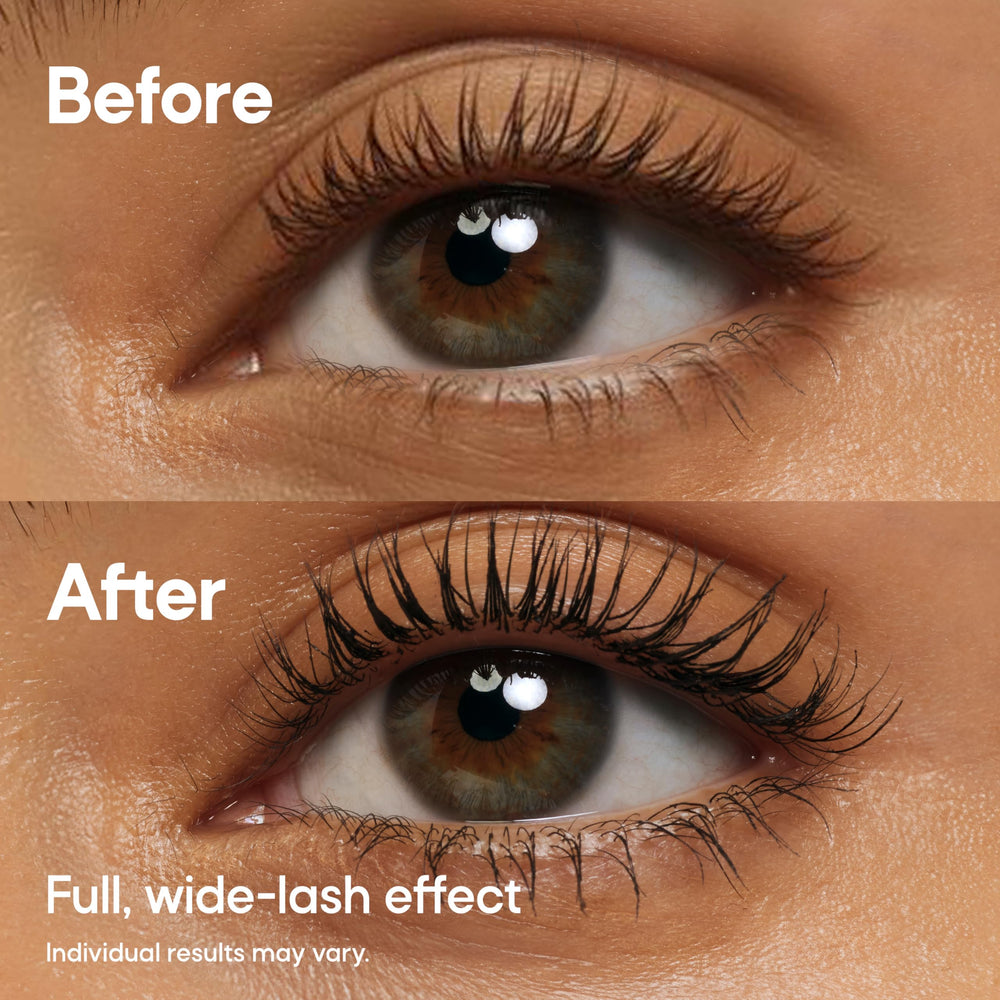 Almay mascara on model eyes demonstrating fuller, defined lashes benefit