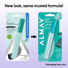 Almay mascara packaging showing recycled material label and clean ingredients