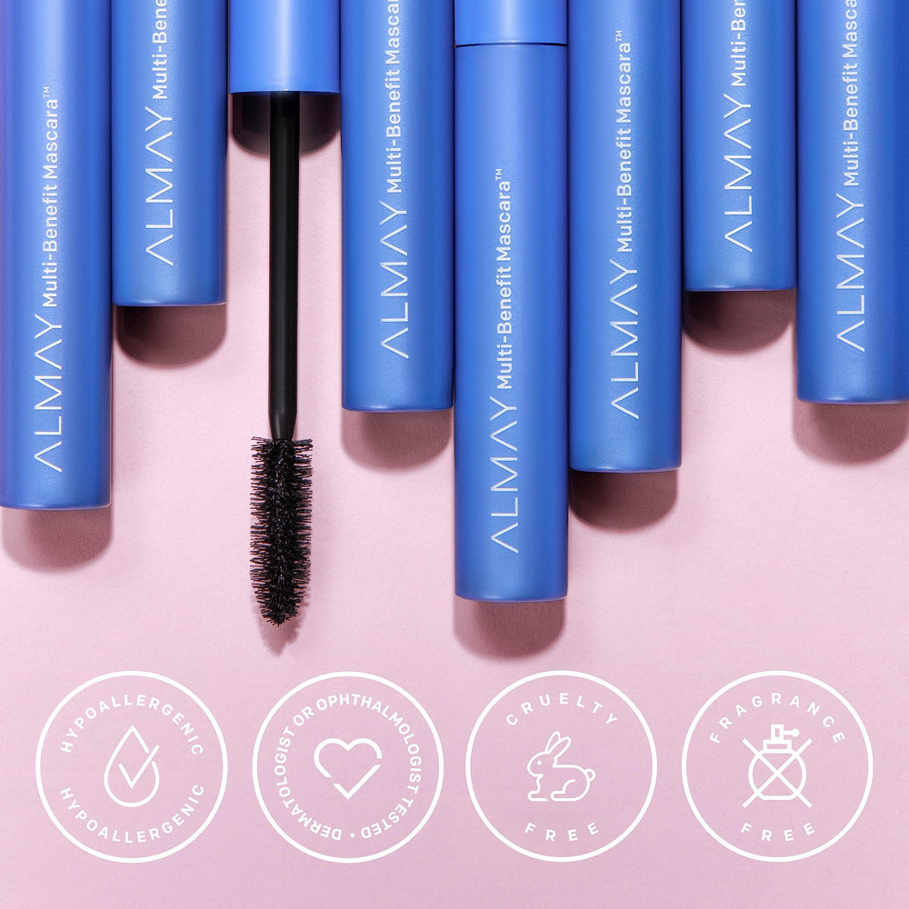Almay products beside a ruler to show compact size and portability