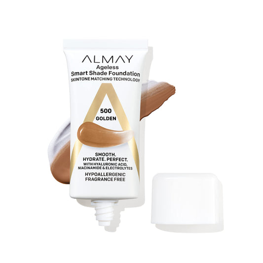 Almay front packaging showing shade 500 Golden and product benefit seamless match