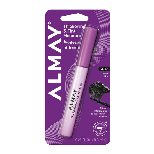 Almay mascara front shot shows sleek tube and clear brand benefit